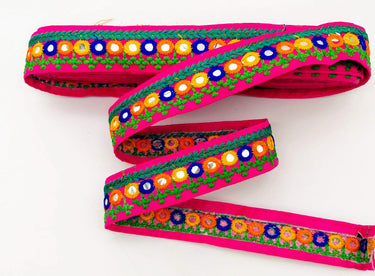 Fuchsia Pink Indian Mirror Trim Kutch Embroidered Navratri Garba Dress Trim Bridal Lace, Sari Border 35 mm Wide Trim Per 3 Yards